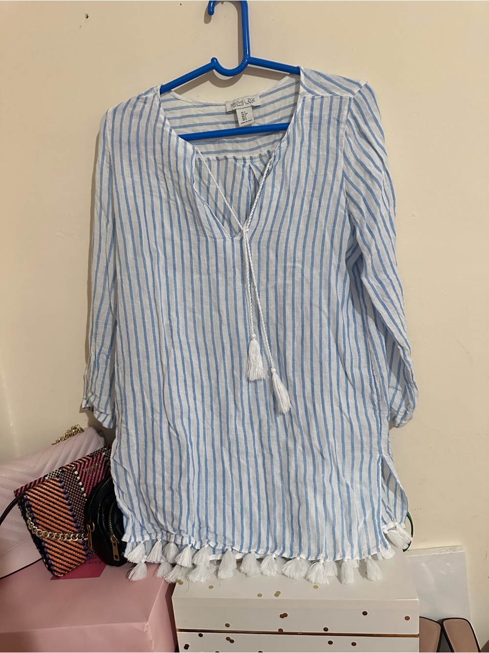 Rachel Zoe Blue & White Striped Tassel Tunic
